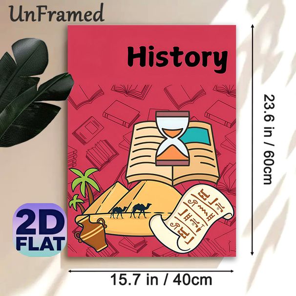 History Themed Painting Poster, Vibrant Cartoon Style Poster Featuring Pyramids, Camels & Hourglass, Educational Decor Ideal For Study Room, Classroom_maomaolike.com