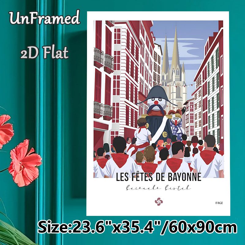 Bayonne Festival Parade Painting Poster, Vibrant Flat-style Festive Street Scene Poster, Captures Lively Holiday Gathering Atmosphere, Ideal For Home_maomaolike.com