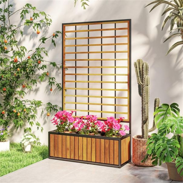 Wooden Raised Garden Bed With Trellis, Removable Pots For Backyard-Teak_maomaolike.com