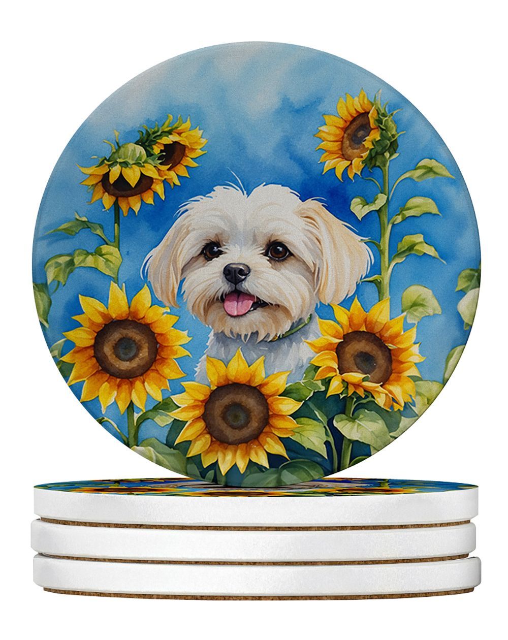 Maltese In Sunflowers Large Sandstone Coasters Pack Of 4 Absorbent Round Coasters Decor Gifts For Men Or Women, 4 In, Multicolor_maomaolike.com