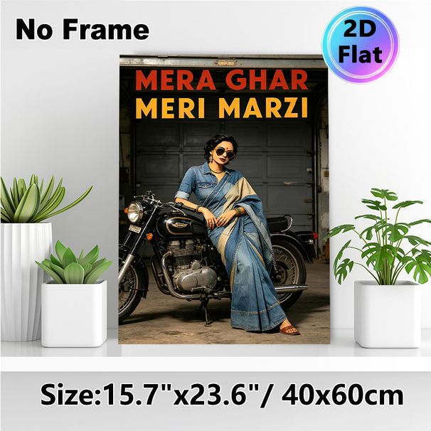 Bollywood Style Independent Woman Painting Poster, Vintage Stylish Poster, Woman In Denim Sari With Classic Motorcycle & Bold Typography_maomaolike.com