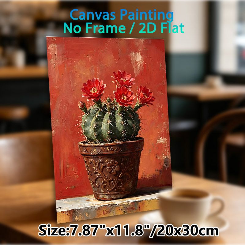 Blooming Cactus Painting Poster, Vibrant Textured Oil Painting Style Poster, Potted Cactus With Bright Red Blooms, Brings Warm Rustic Charm To Living_maomaolike.com