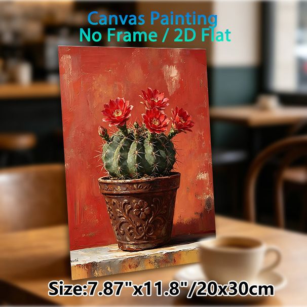 Blooming Cactus Painting Poster, Vibrant Textured Oil Painting Style Poster, Potted Cactus With Bright Red Blooms, Brings Warm Rustic Charm To Living_maomaolike.com