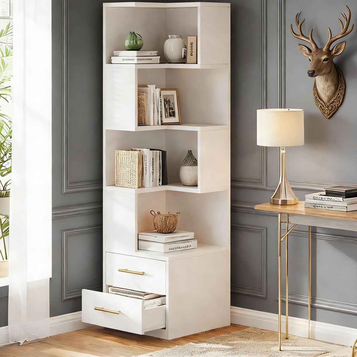 L-Shaped Bookshelf, Corner Bookcase With 5-Tier Shelf And 2 Drawers_maomaolike.com