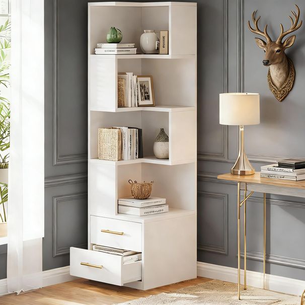 L-Shaped Bookshelf, Corner Bookcase With 5-Tier Shelf And 2 Drawers_maomaolike.com