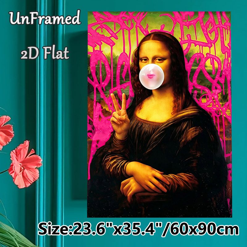 Mona Lisa Themed Painting Poster, Whimsical Graffiti-style Altered Classic Poster, Playful Reimagined Artwork With Bubble Gum & Peace Sign, Ideal For_maomaolike.com