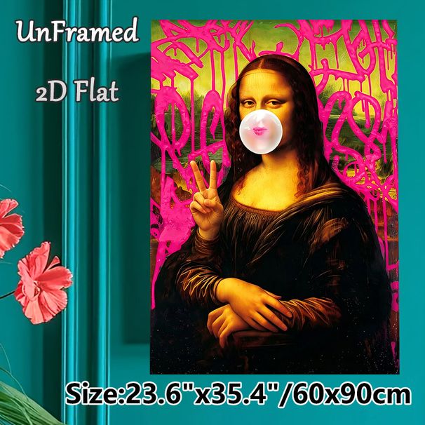 Mona Lisa Themed Painting Poster, Whimsical Graffiti-style Altered Classic Poster, Playful Reimagined Artwork With Bubble Gum & Peace Sign, Ideal For_maomaolike.com
