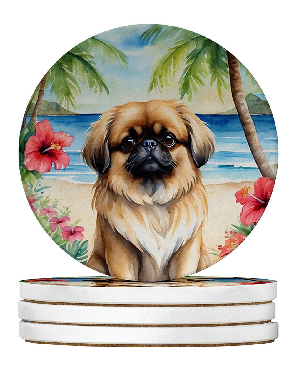 Pekingese Luau Large Sandstone Coasters Pack Of 4 Absorbent Round Coasters Decor Gifts For Men Or Women, 4 In, Multicolor_maomaolike.com