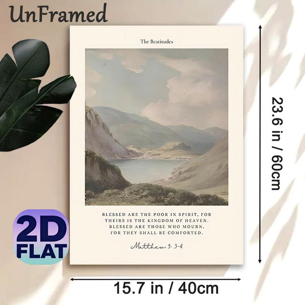 The Beatitudes Painting Poster, Soft-toned Vintage Mountain Lake Landscape Poster, Inspirational Bible Verse Print, Suitable For Living Room And Study_maomaolike.com