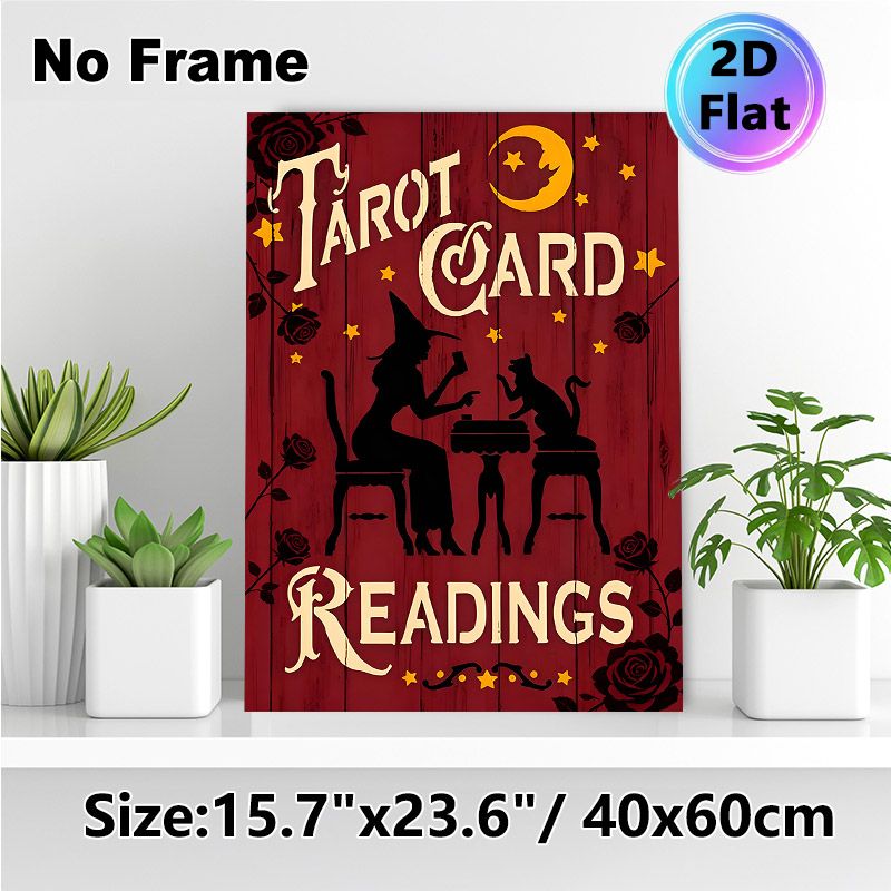 Tarot Card Readings Painting Poster, Retro Silhouette Style Poster, Witch & Black Cat Divination Scene With Moon & Roses, Ideal For Occult-Themed_maomaolike.com