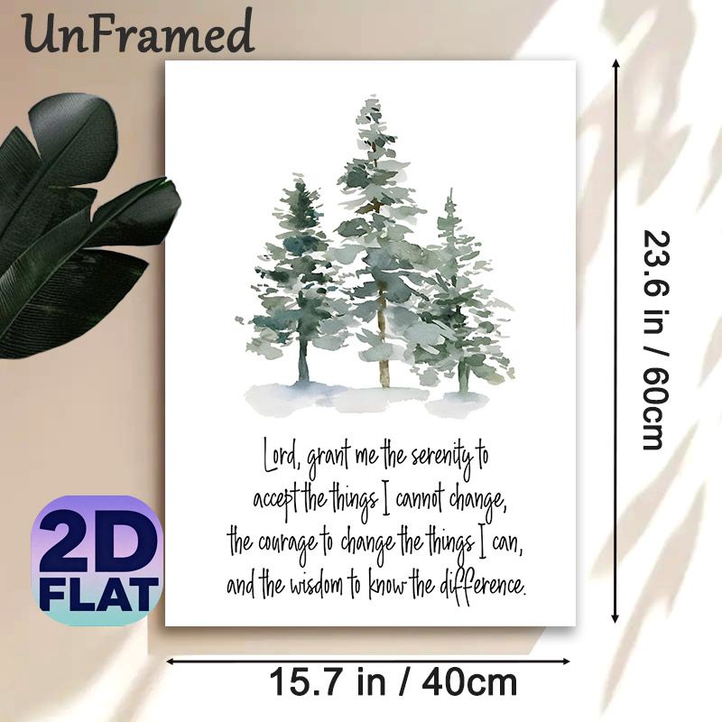 Snowy Pine Trees With Serenity Prayer Painting Poster, Soft Watercolor Winter Forest Scene Poster, Soothing Inspirational Quote Decor For Living Room_maomaolike.com