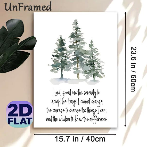 Snowy Pine Trees With Serenity Prayer Painting Poster, Soft Watercolor Winter Forest Scene Poster, Soothing Inspirational Quote Decor For Living Room_maomaolike.com