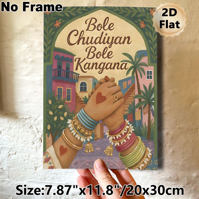 Indian Cultural Bole Chudiyan Bole Kangana Painting Poster, Vibrant Folk Art Style Poster, Showcases Adorned Hands & Colorful Town, Ideal For Adding_maomaolike.com
