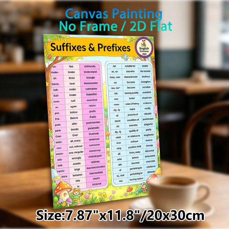 Suffixes & Prefixes English Grammar Educational Painting Poster, Vibrant Cartoon-style Grammar Guide Poster, Practical Grammar Learning Reference For_maomaolike.com