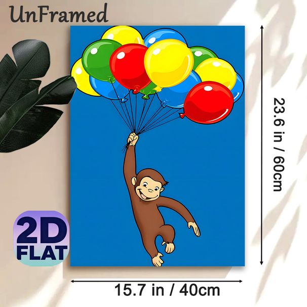 Monkey & Balloons Themed Painting Poster, Vibrant Cartoon Style Poster, Cheerful Brown Monkey Holding Colorful Balloons, Lively Decorative Piece For_maomaolike.com