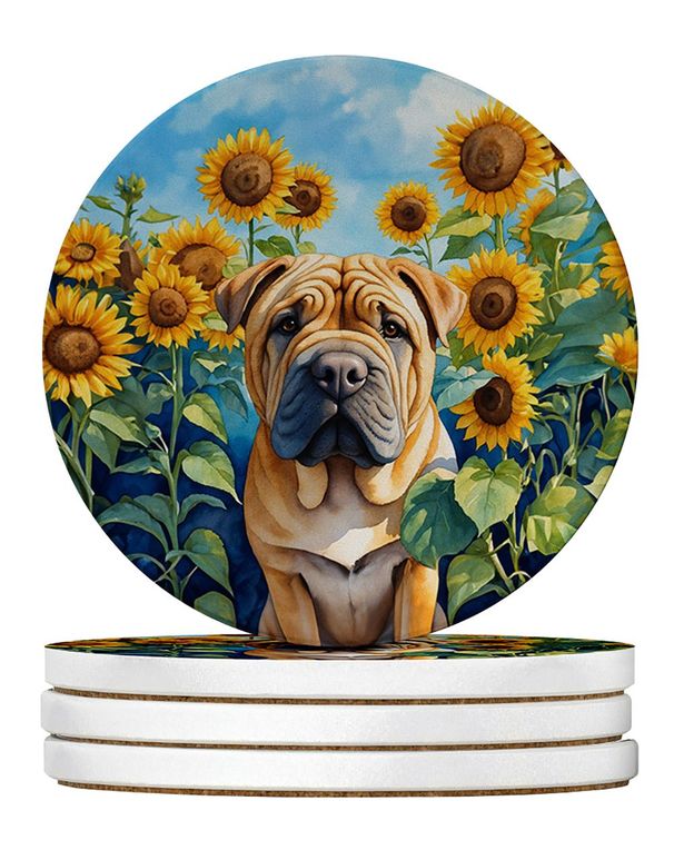 Shar Pei In Sunflowers Large Sandstone Coasters Pack Of 4 Absorbent Round Coasters Decor Gifts For Men Or Women, 4 In, Multicolor_maomaolike.com
