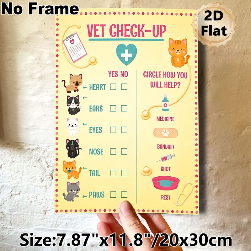 Vet Check-up Themed Painting Poster, Cute Cartoon Cat Pet Health Checklist Poster, Educational Pet Care Guide Ideal For Pet Care Spaces, Home Decor_maomaolike.com