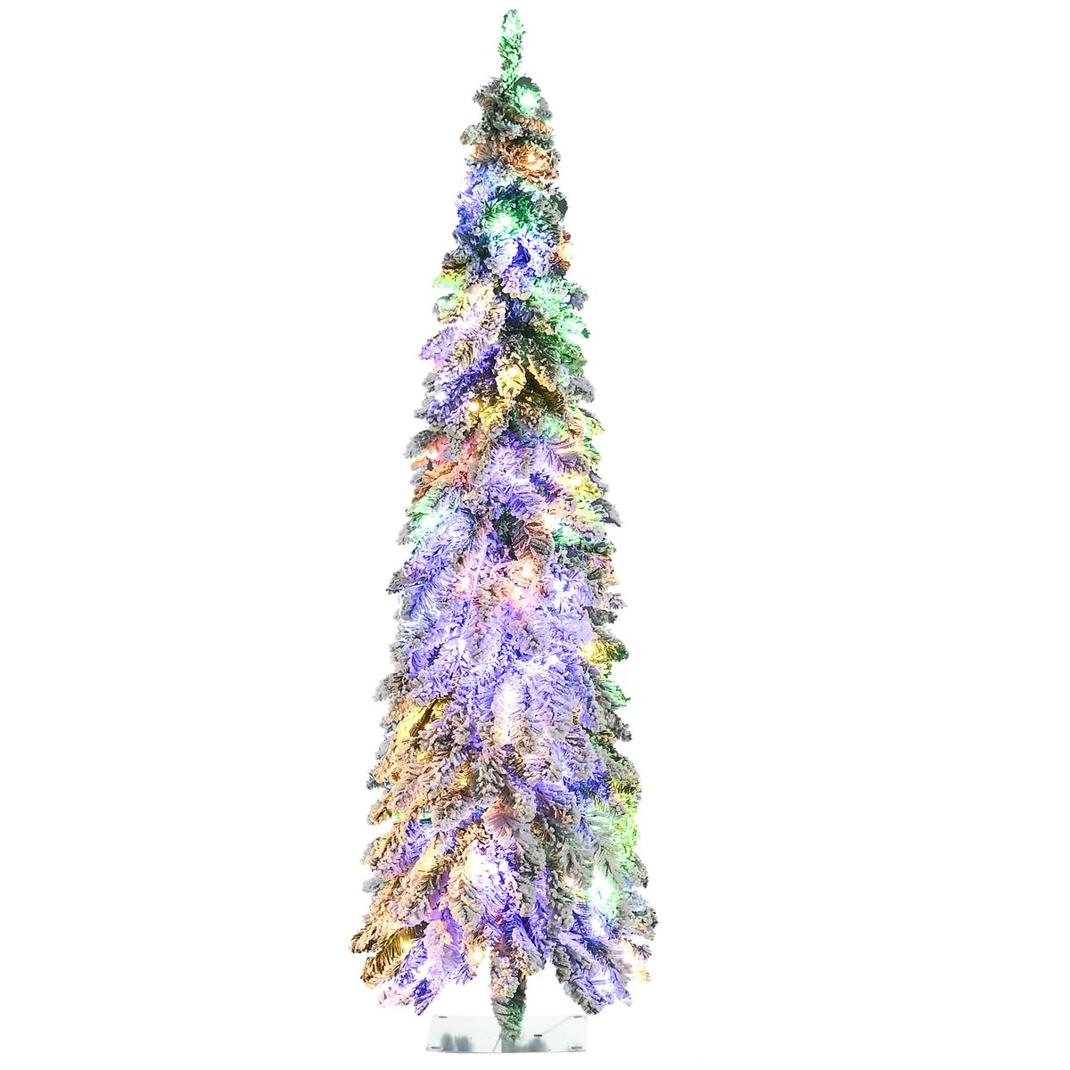 Tall Prelit Pencil Artificial Christmas Tree Holiday Décor With Snow Flocked Branches, Warm White Or Colorful LED Lights, Downswept Shape_maomaolike.com