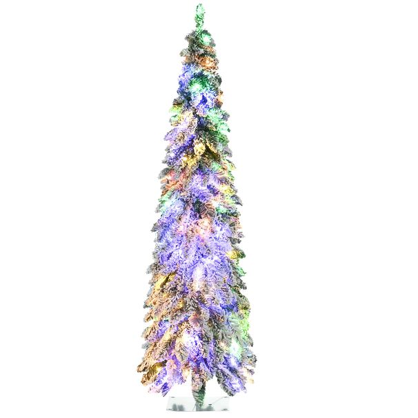 Tall Prelit Pencil Artificial Christmas Tree Holiday Décor With Snow Flocked Branches, Warm White Or Colorful LED Lights, Downswept Shape_maomaolike.com
