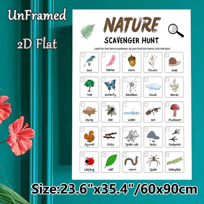 Nature Scavenger Hunt Painting Poster, Vibrant Cartoon Nature Elements Poster, Practical Checklist To Track Found Items For Outdoor Adventures And_maomaolike.com