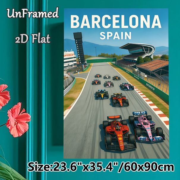 Barcelona F1 Racing Painting Poster, Vibrant Dynamic Race Track Scene Poster, Captures Thrilling Motorsport Action, Ideal For Game Room, Sports-themed_maomaolike.com