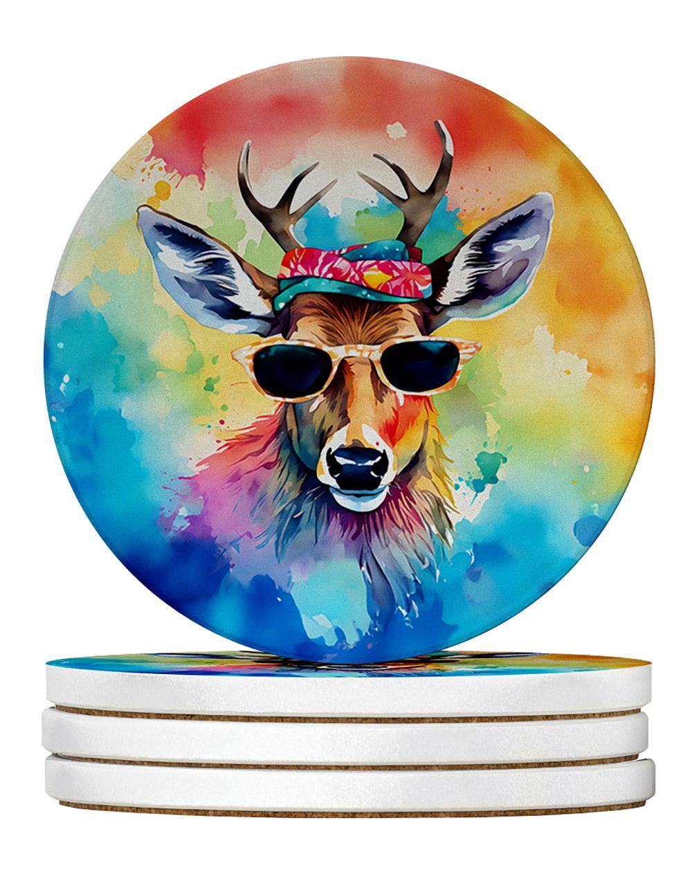 Hippie Animal Deer Large Sandstone Coasters Pack Of 4 Absorbent Round Coasters Decor Gifts For Men Or Women, 4 In, Multicolor_maomaolike.com