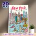 New York City Skyline Painting Poster, Vibrant Cartoon-style Urban Scene Poster, Showcases Iconic Landmarks, Adds Lively City Atmosphere, Ideal For_maomaolike.com