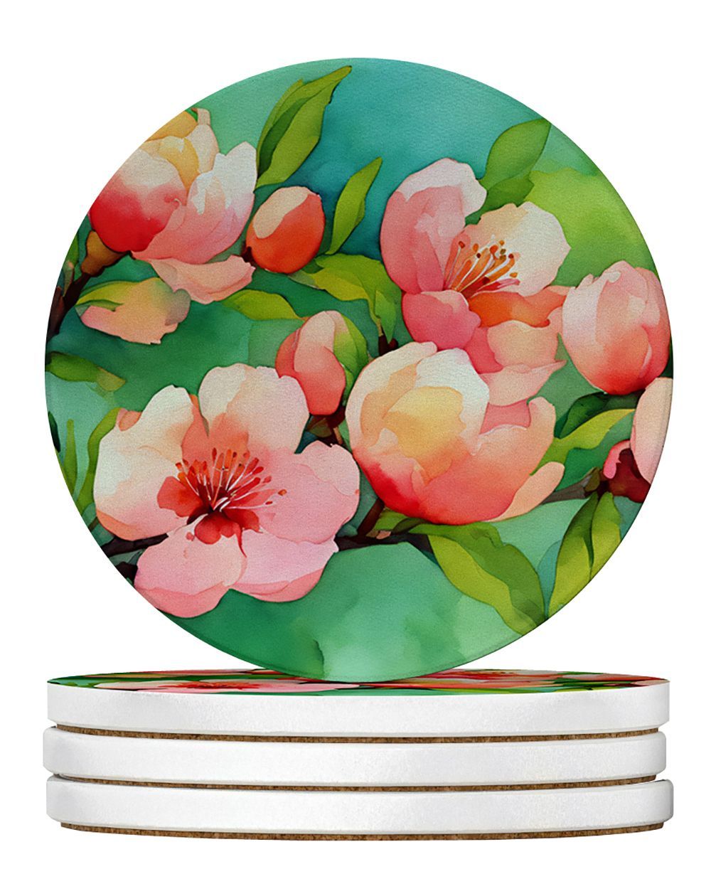 Delaware Peach Blossom In Watercolor Large Sandstone Coasters Pack Of 4 Absorbent Round Coasters Decor Gifts For Men Or Women, 4 In, Multicolor_maomaolike.com