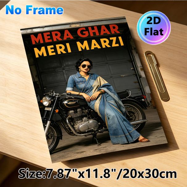 Bollywood Style Independent Woman Painting Poster, Vintage Stylish Poster, Woman In Denim Sari With Classic Motorcycle & Bold Typography_maomaolike.com