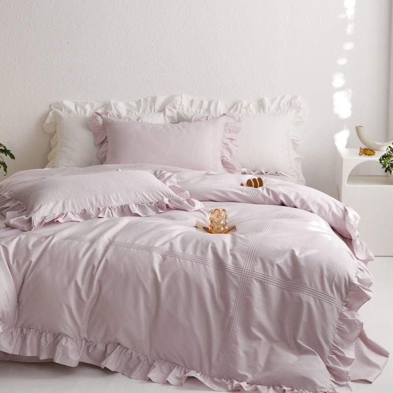 100% Puff Korean Four-Piece Set Lace Princess Duvet Cover Girl Fresh Ruffled French Style Pure Cotton Bedding_maomaolike.com