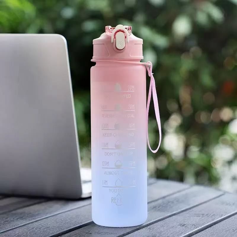 Gradient Frosted Water Bottle With Time Marker & Straw - Leakproof BPA-Free Sports Bottle For Hydration Tracking_maomaolike.com
