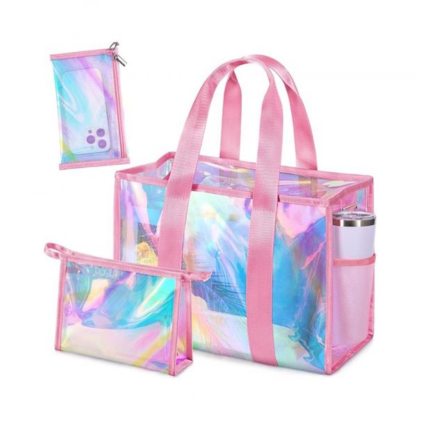 Women Summer PVC Beach Bag Set, Transparent Waterproof Tote Bag With Makeup Pouch & Phone Pocket, 3Pcs Swimming Vacation Handbag Multiple Colors_maomaolike.com