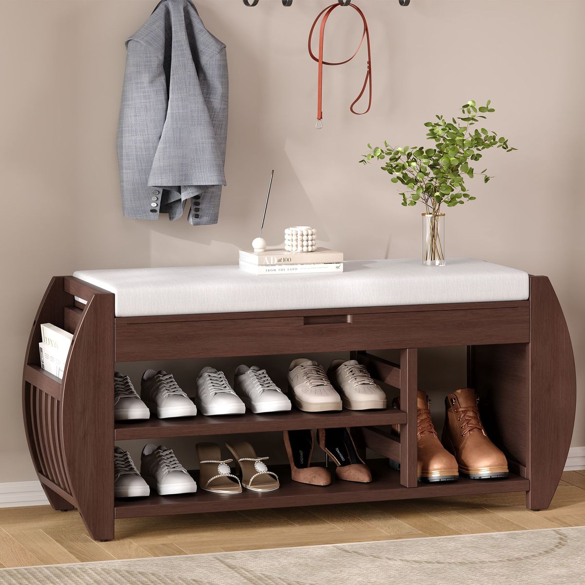 Retro Multifunctional Storage Bench With Cushion And Curved Side Panel For Entrance And Living Room_maomaolike.com