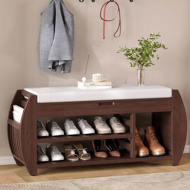 Retro Multifunctional Storage Bench With Cushion And Curved Side Panel For Entrance And Living Room_maomaolike.com