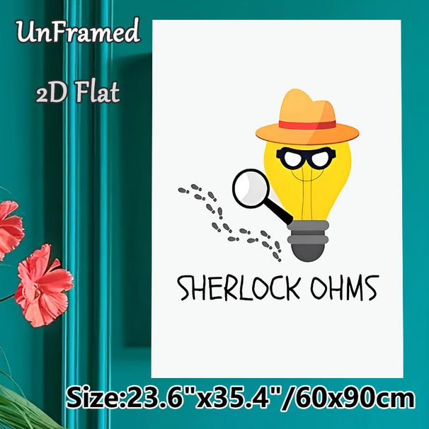 Sherlock Ohms Detective Lightbulb Painting Poster, Whimsical Cartoon Style Poster, Fun Electrical Pun Decor Ideal For Home Office, Living Room_maomaolike.com