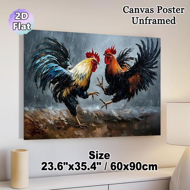 Fighting Roosters Painting Poster, Vibrant Realistic Oil Painting Style Poster, Dynamic Rainy Scene With Clashing Roosters, Eye-catching Rustic Decor_maomaolike.com