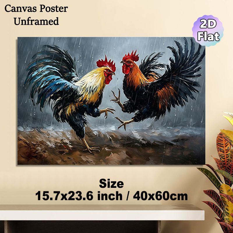 Fighting Roosters Painting Poster, Vibrant Realistic Oil Painting Style Poster, Dynamic Rainy Scene With Clashing Roosters, Eye-catching Rustic Decor_maomaolike.com