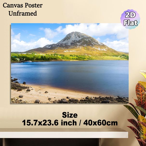Mountain & Lakeside Painting Poster, Serene Natural Landscape Poster, Tranquil Lake With Snow-capped Mountain And Rocky Shore Design, Ideal For Living_maomaolike.com