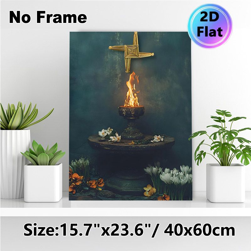 St. Brigid's Cross Ritual Painting Poster, Mysterious Vintage Smoldering Ritual Fire With Delicate Blooms Poster, Serene Spiritual Vibe For Home_maomaolike.com