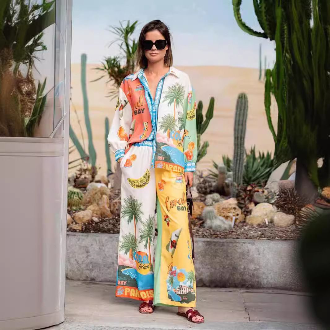 Women's Clothing fashion personality printed linen color matching holiday leisure tether suit_maomaolike.com
