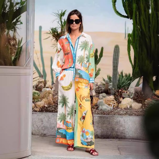 Women's Clothing fashion personality printed linen color matching holiday leisure tether suit_maomaolike.com