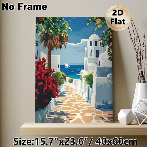 Mediterranean Coastal Town Painting Poster, Vibrant Idyllic Coastal Scene Poster, Infuses Tranquil Seaside Atmosphere, Ideal For Living Room, Bedroom_maomaolike.com