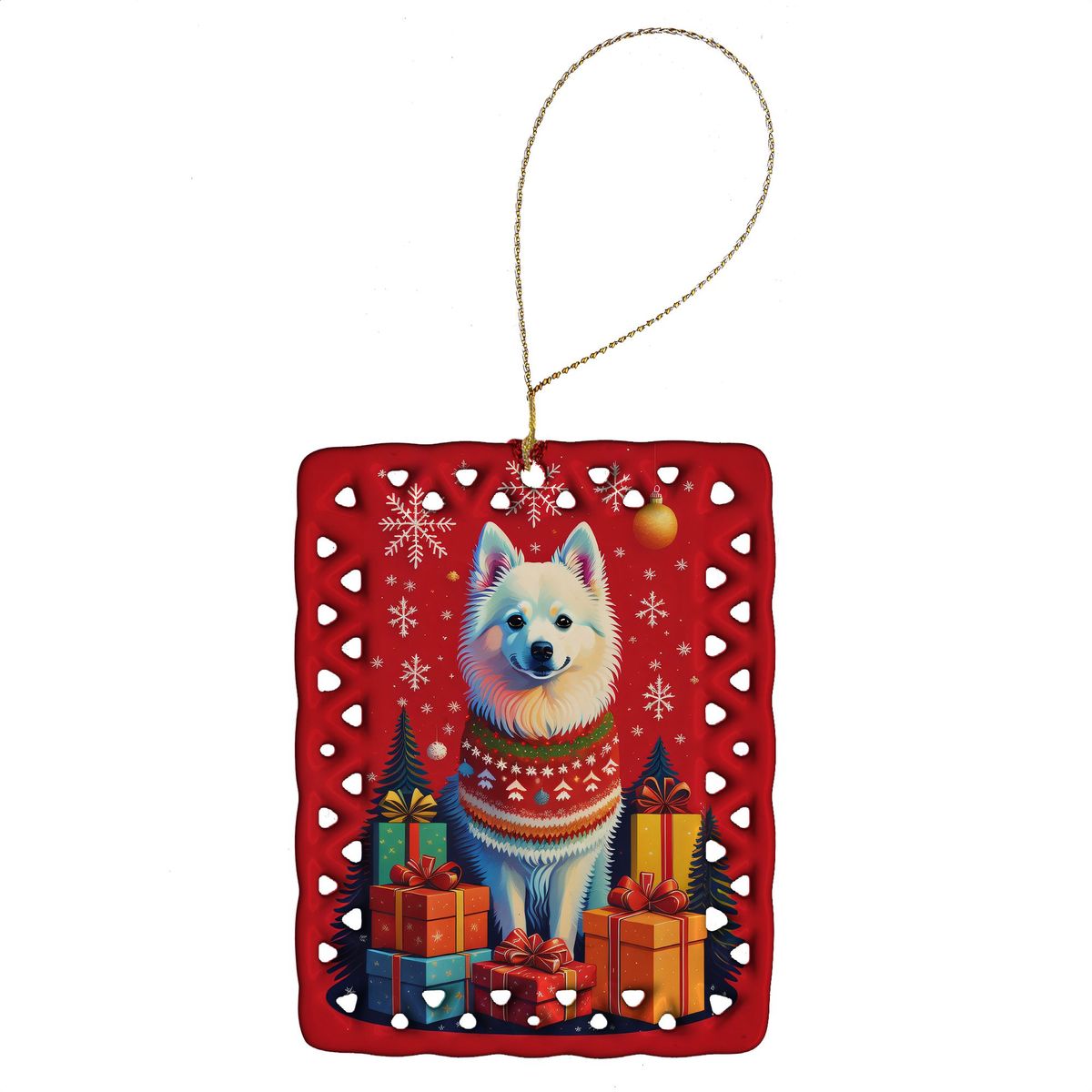 American Eskimo Holiday Christmas Porcelain Ornament Christmas Tree Hanging Decorations For Home Christmas Holiday, Rectangle, Gift, Multicolor_maomaolike.com