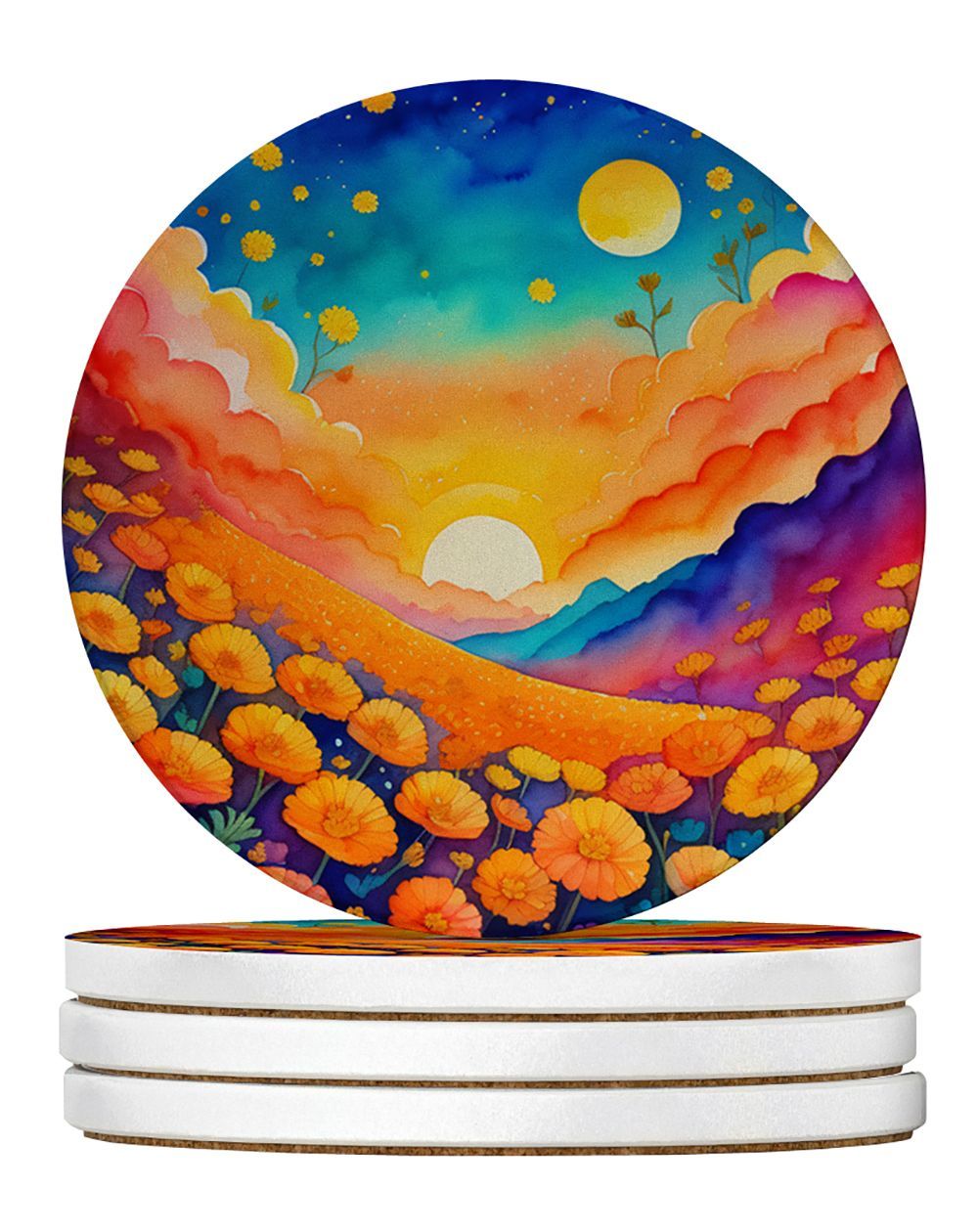Colorful Marigolds Large Sandstone Coasters Pack Of 4 Absorbent Round Coasters Decor Gifts For Men Or Women, 4 In, Multicolor_maomaolike.com