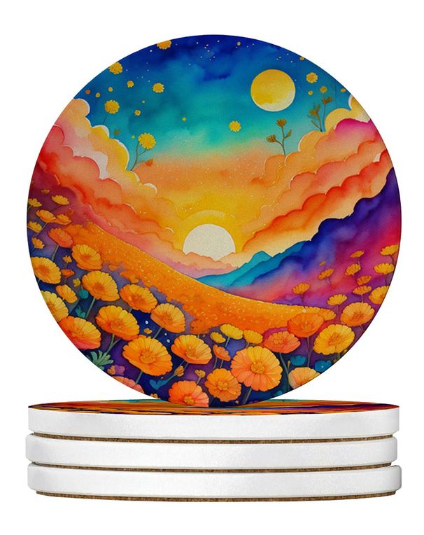 Colorful Marigolds Large Sandstone Coasters Pack Of 4 Absorbent Round Coasters Decor Gifts For Men Or Women, 4 In, Multicolor_maomaolike.com
