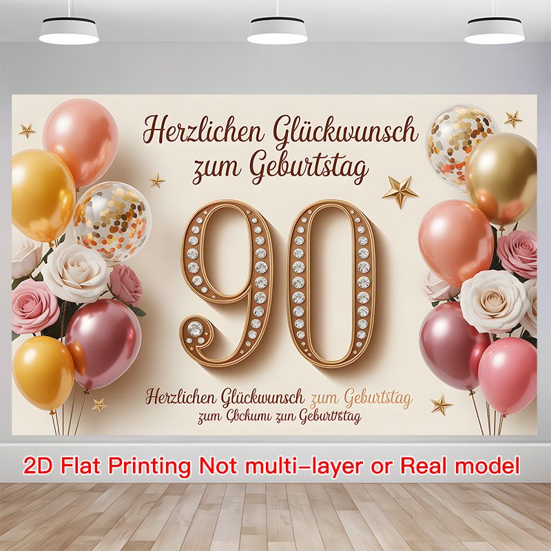 90th Birthday Party Banner - 2D Flat Polyester Backdrop With Balloon Theme, Wall Hanging Photo Props, Party Decor_maomaolike.com