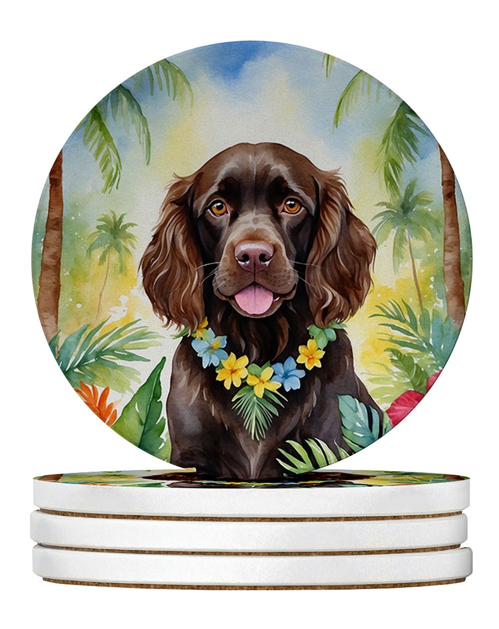 Boykin Spaniel Luau Large Sandstone Coasters Pack Of 4 Absorbent Round Coasters Decor Gifts For Men Or Women, 4 In, Multicolor_maomaolike.com