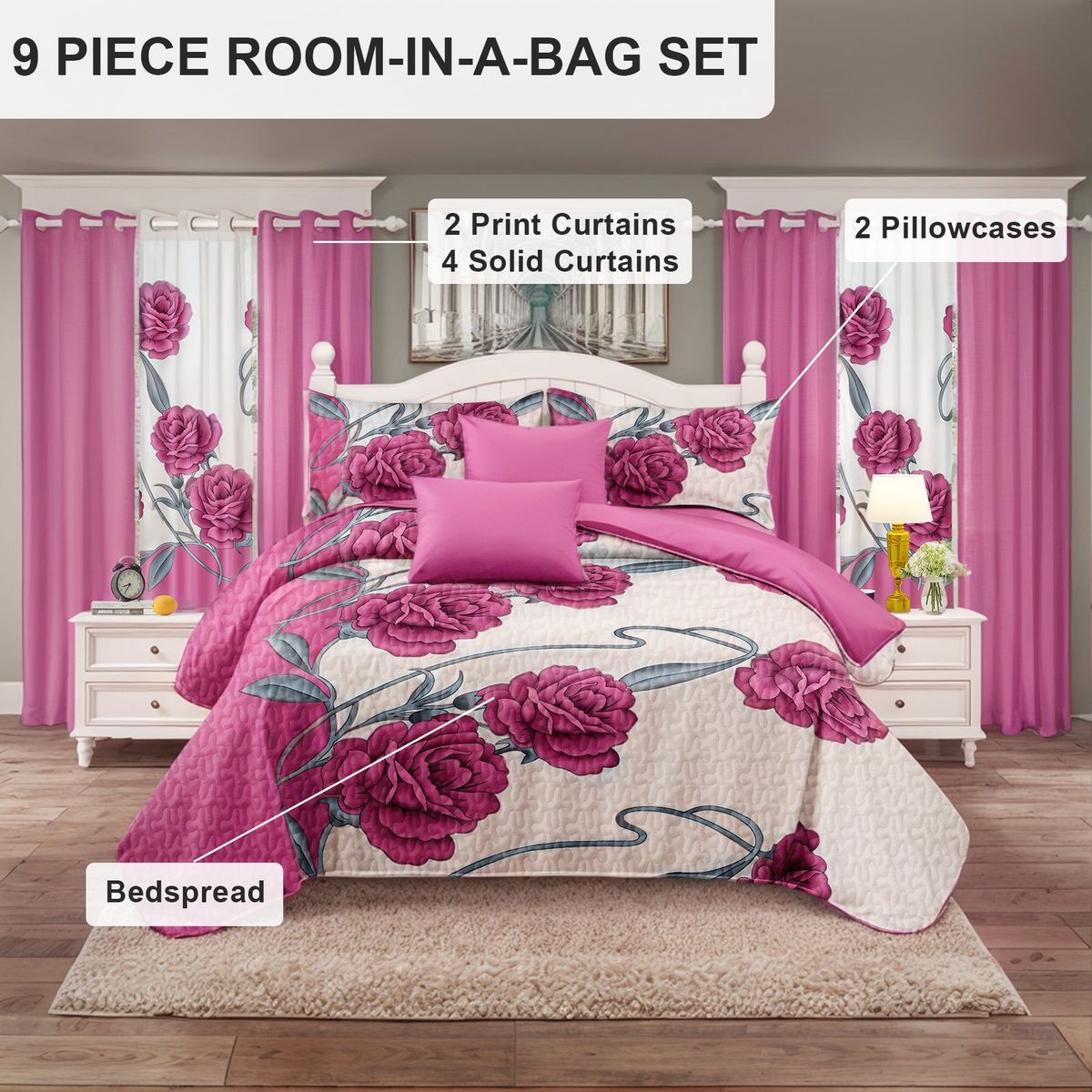 9 Piece Soft All-Season Washed Microfiber Cover Set , Queen/King/Calking Bedding Set With Pillowcases,Bedspread Print Curtains & Solid Curtains,Print, Moisture-Wicking, Soft ,Cooling, Easy Care_maomaolike.com