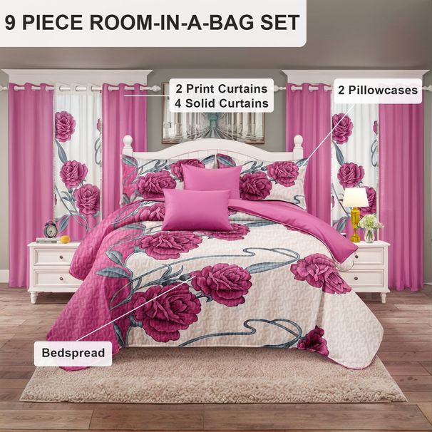 9 Piece Soft All-Season Washed Microfiber Cover Set , Queen/King/Calking Bedding Set With Pillowcases,Bedspread Print Curtains & Solid Curtains,Print, Moisture-Wicking, Soft ,Cooling, Easy Care_maomaolike.com