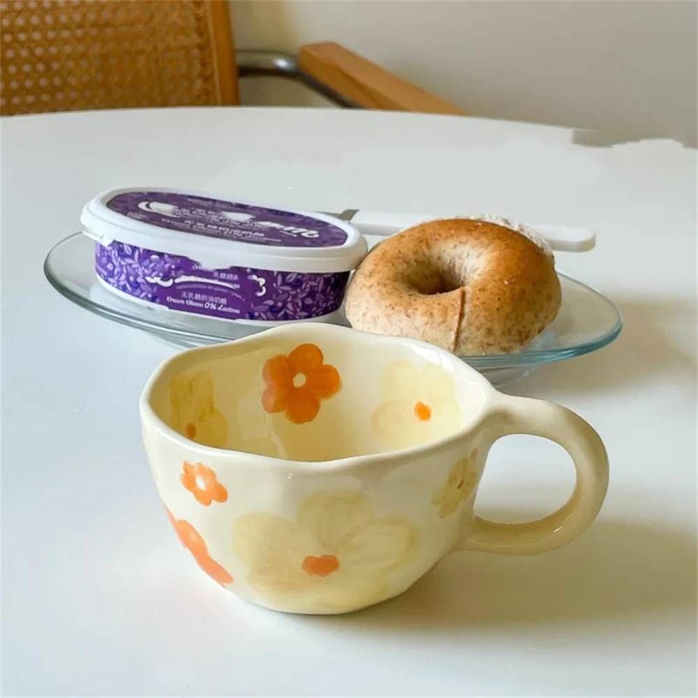 Ceramic Mugs Coffee Cups Hand Pinched Irregular Flower Milk Tea Cup Ins Korean Style Oatmeal Breakfast Mug Drinkware Kitchen_maomaolike.com